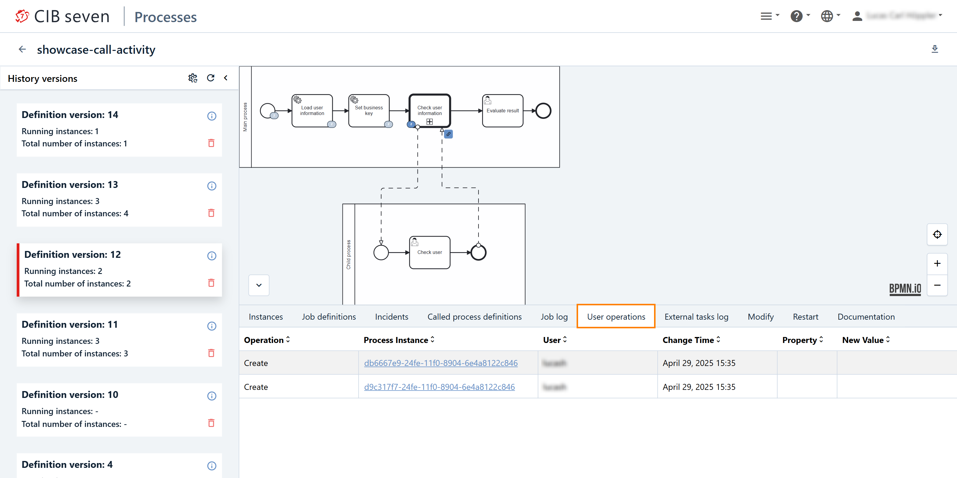 Process Definition View: User operations