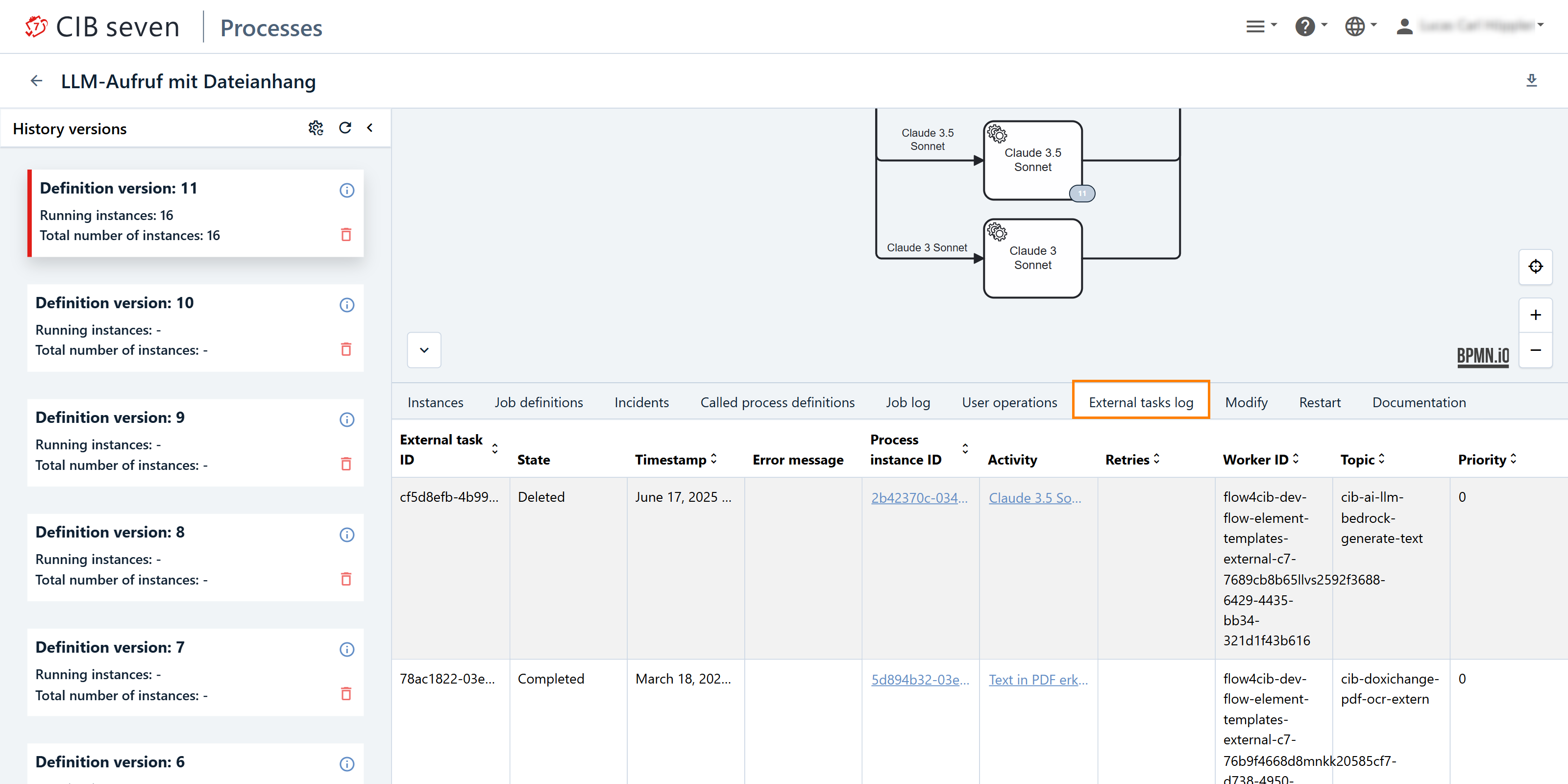 Process Definition View: External task log