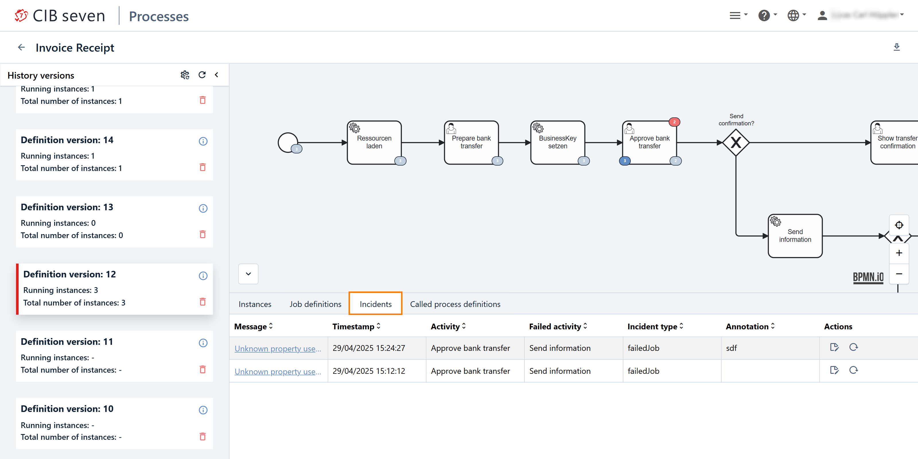 Process Definition View: Incident tab