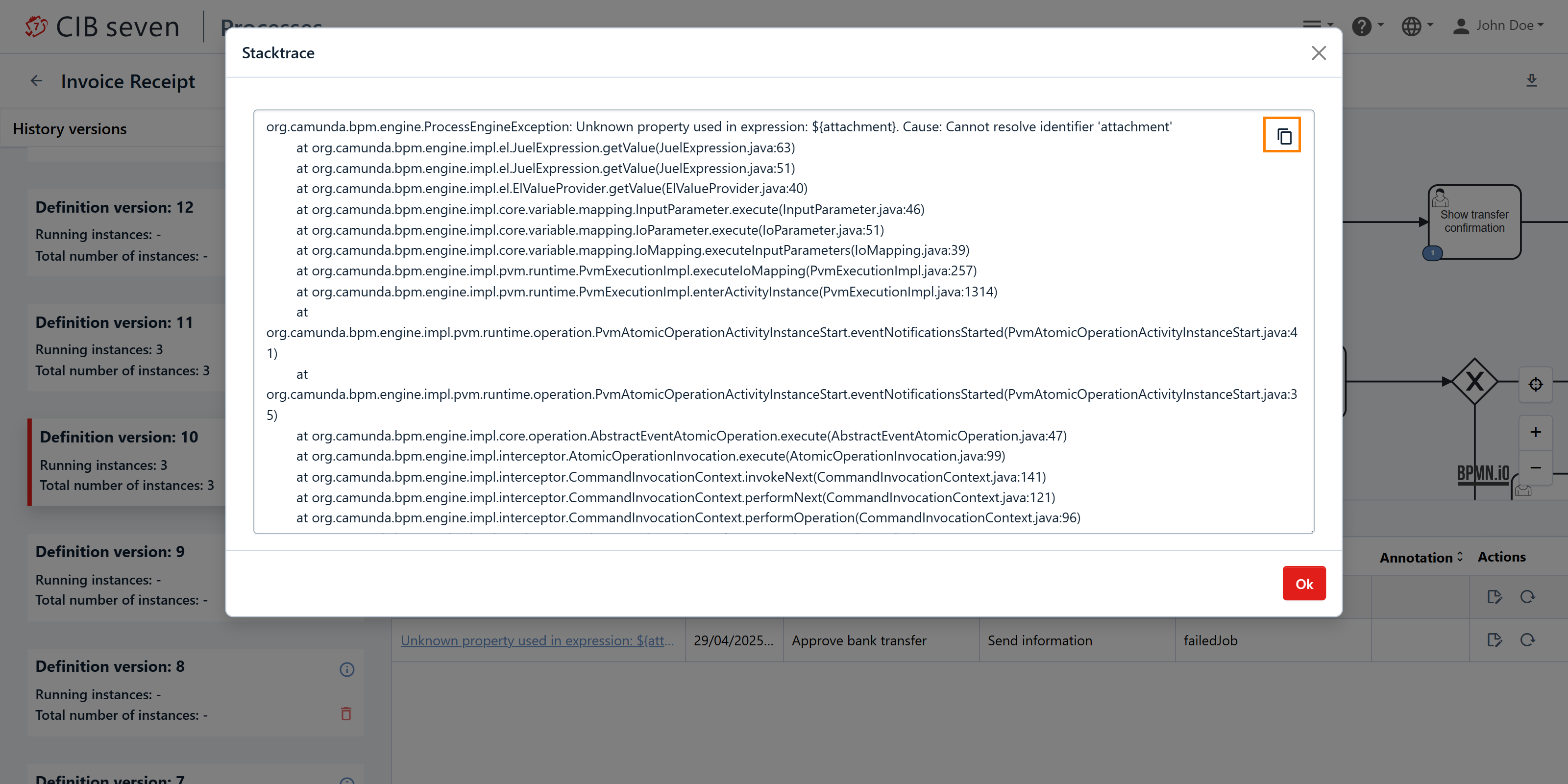 Process Definition View: Incident tab - copy stacktrace