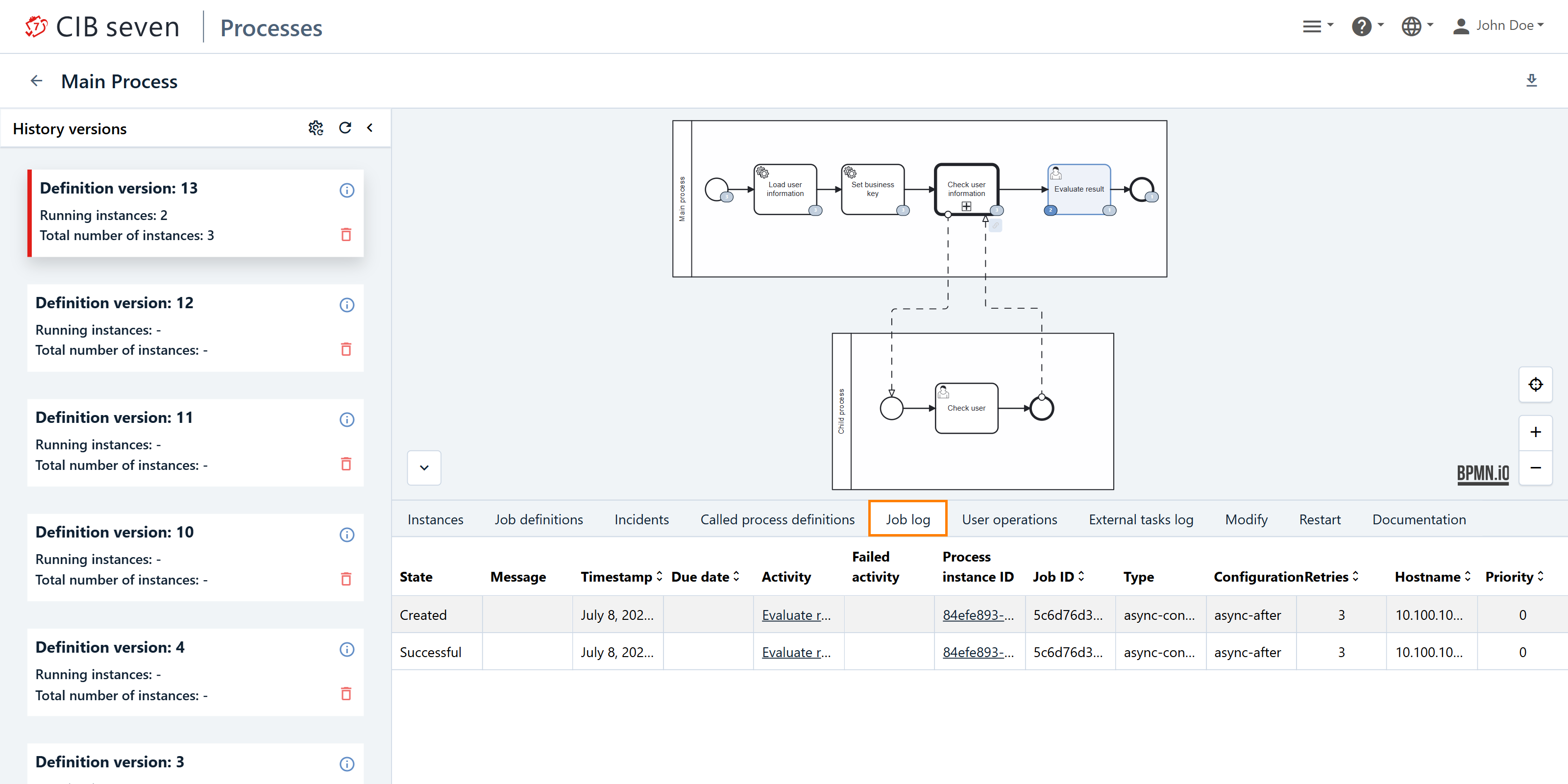 Process Definition View: Job log