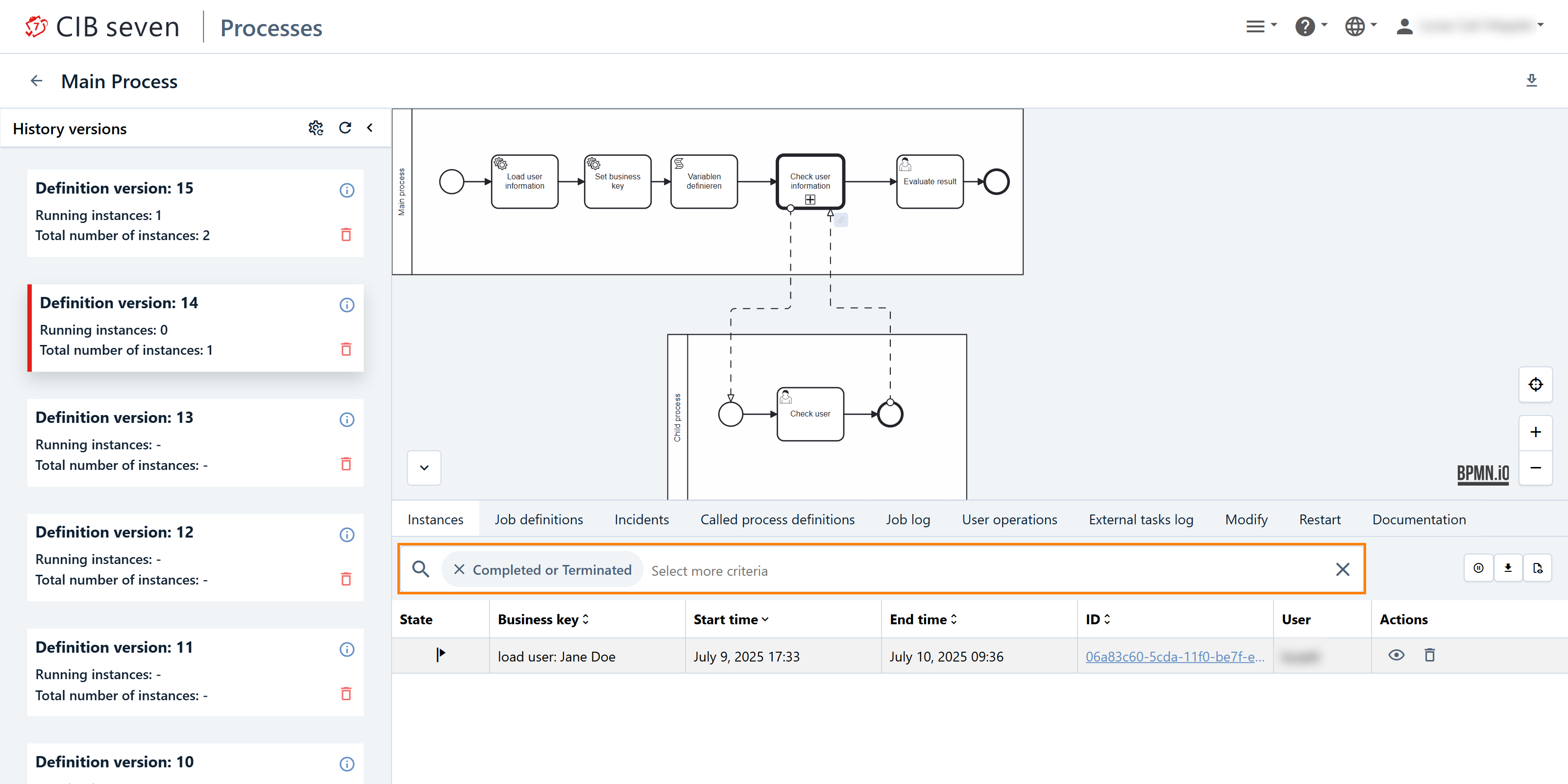 Process Definition View: History view