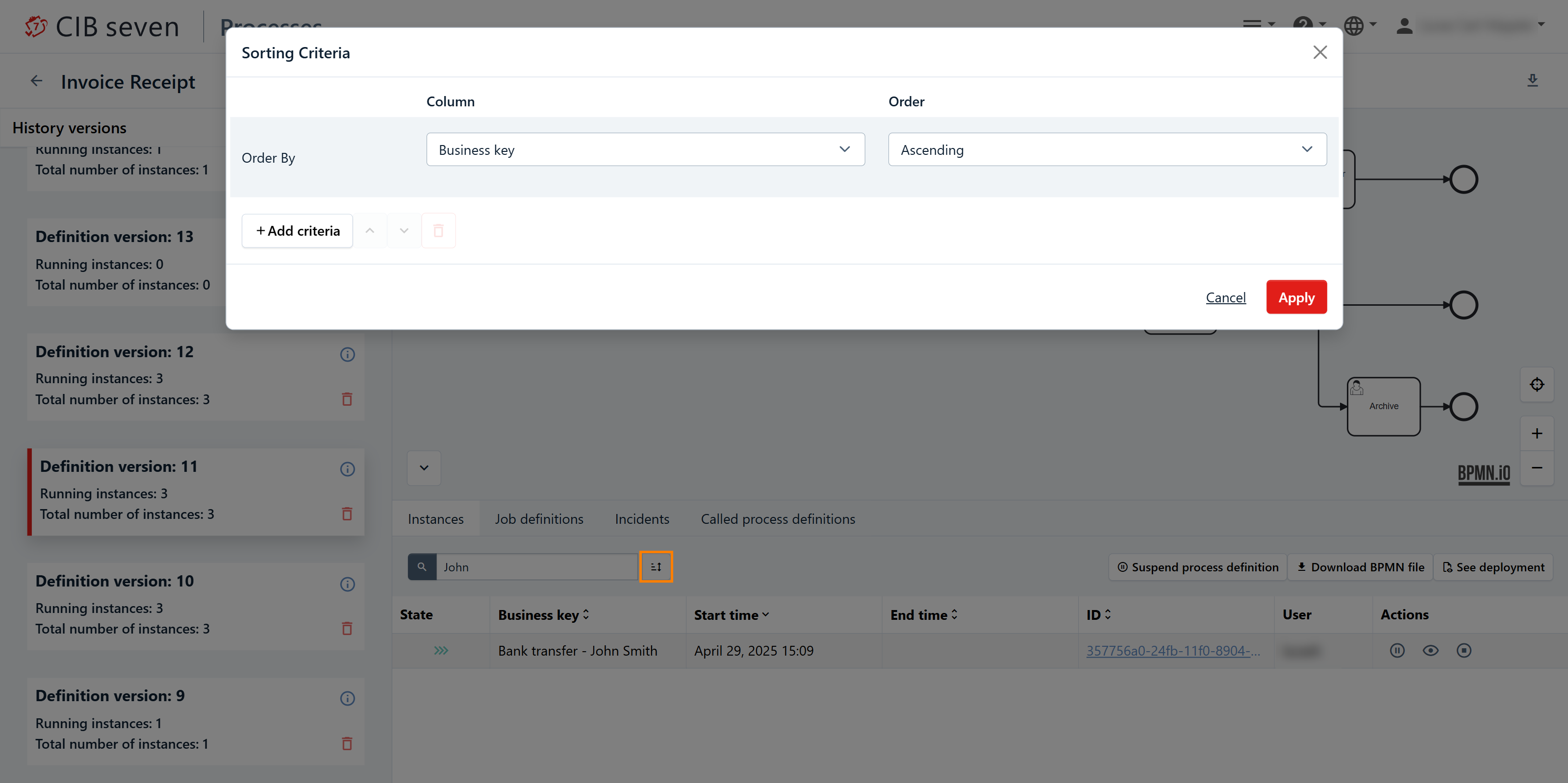 Process Definition View: Sorting Criteria